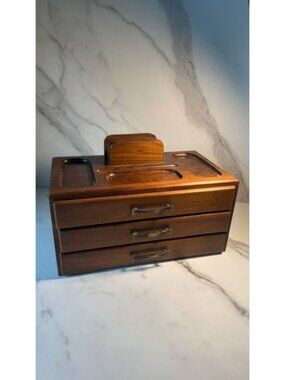 Vintage wood valet-wood with three drawers with red felt interior